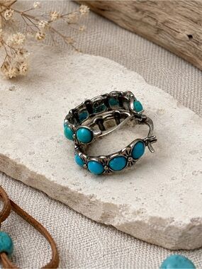 Vintage Shube 925 Sterling Silver Turquoise Southwestern Hoop Earrings